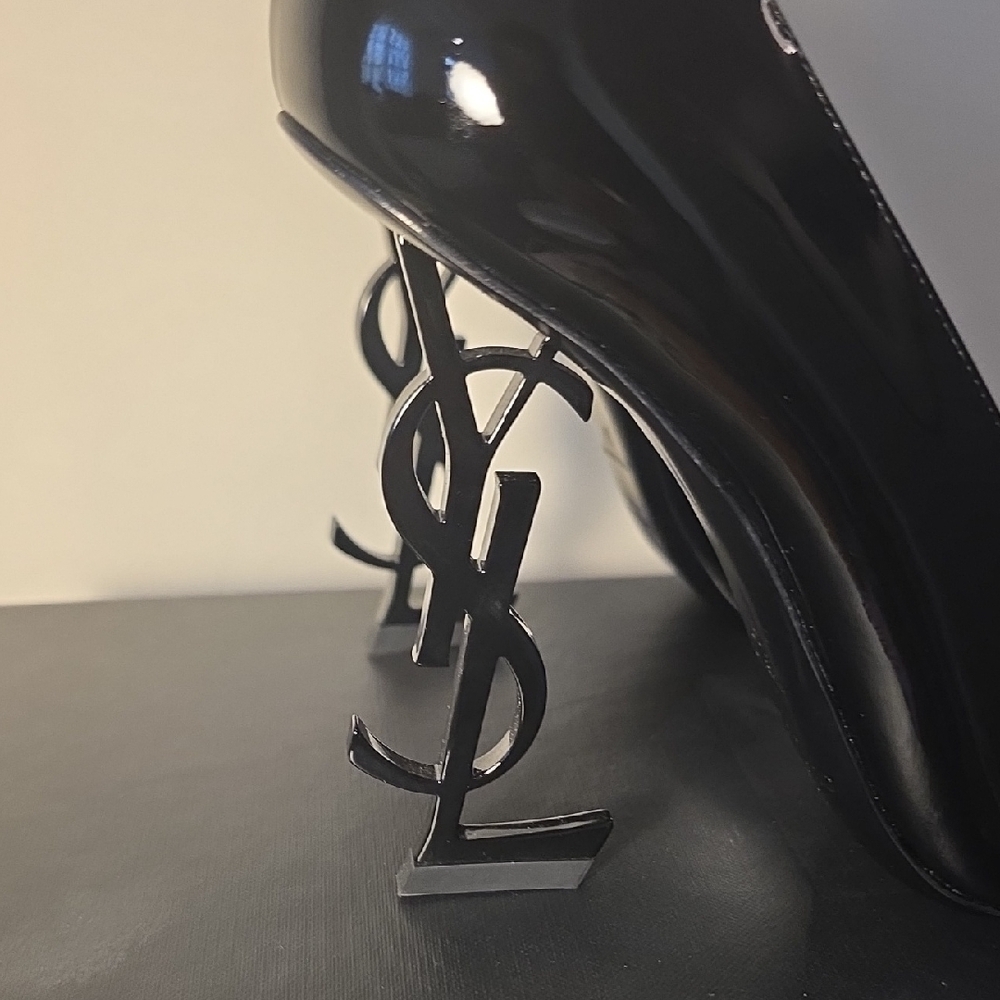 Saint Laurent Glossy Black Heels with Iconic Logo Heel - Picture 4 of 9